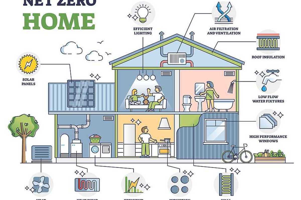 Net zero home, sustainable and resources efficient residential house outline diagram