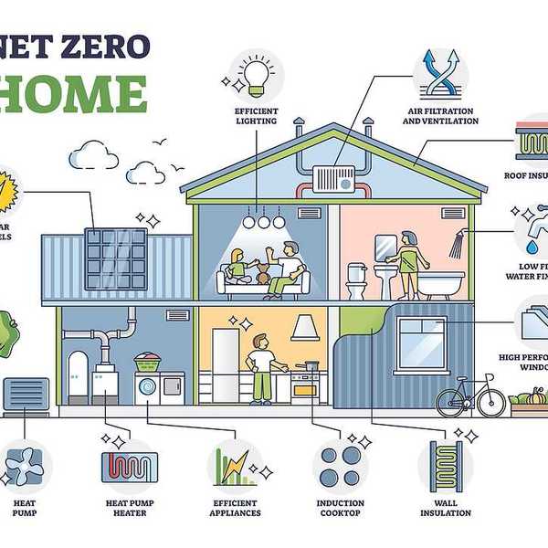 Net zero home, sustainable and resources efficient residential house outline diagram