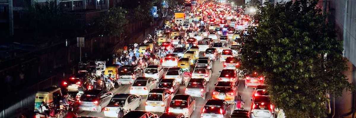 Nightime rush hour traffic jam in Delhi, India