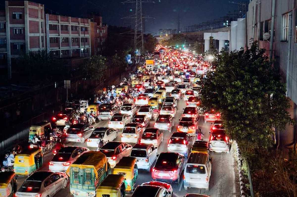 Nightime rush hour traffic jam in Delhi, India