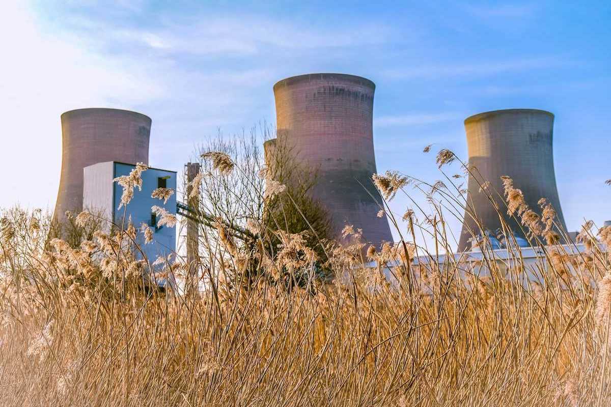 Nuclear cooling towers amongst tall weeds at idled nuclear plant in UK