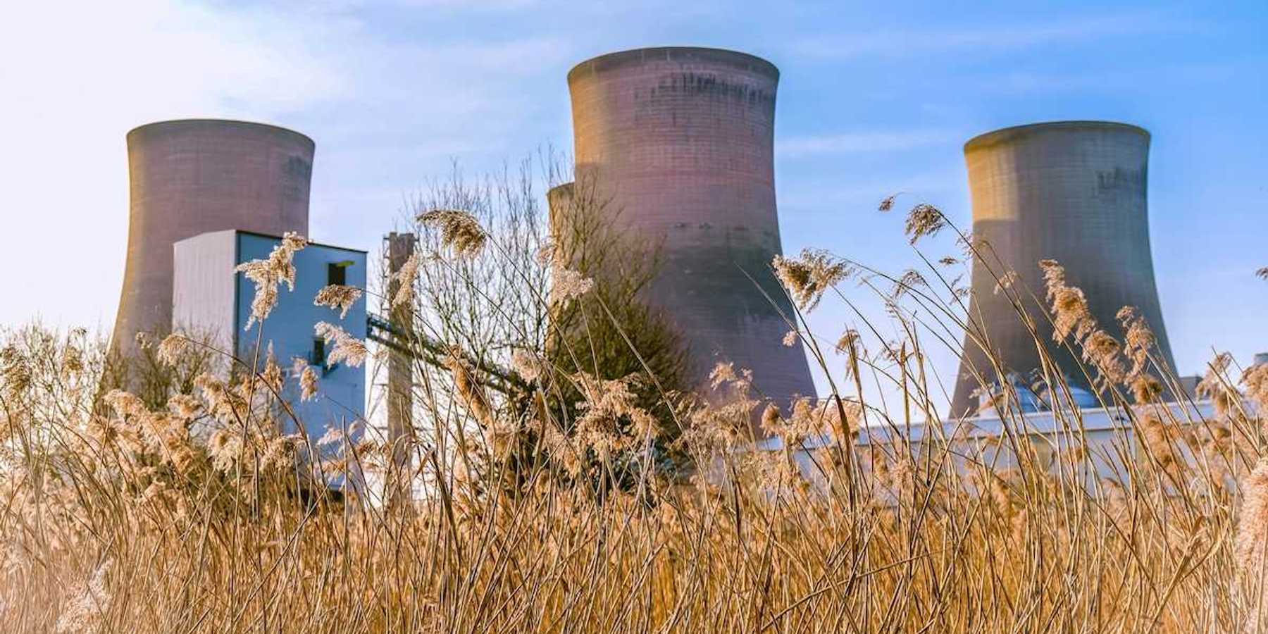 Nuclear cooling towers amongst tall weeds at idled nuclear plant in UK