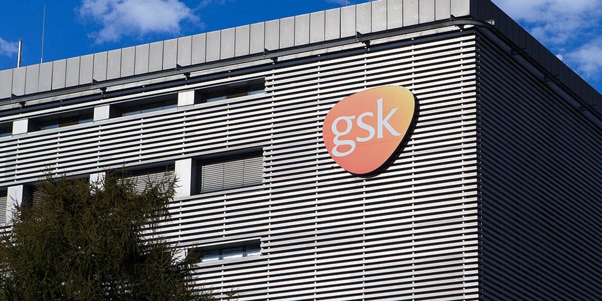 Office building with Glasko Smith Kline logo on the side.