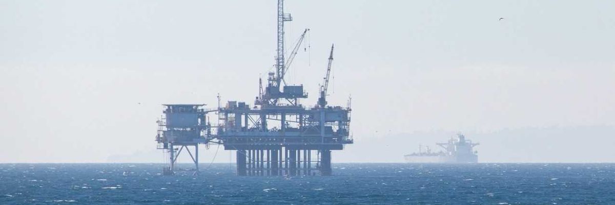 Offshore drilling platform off foggy California coast