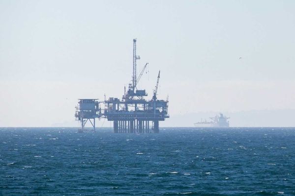 Offshore drilling platform off foggy California coast