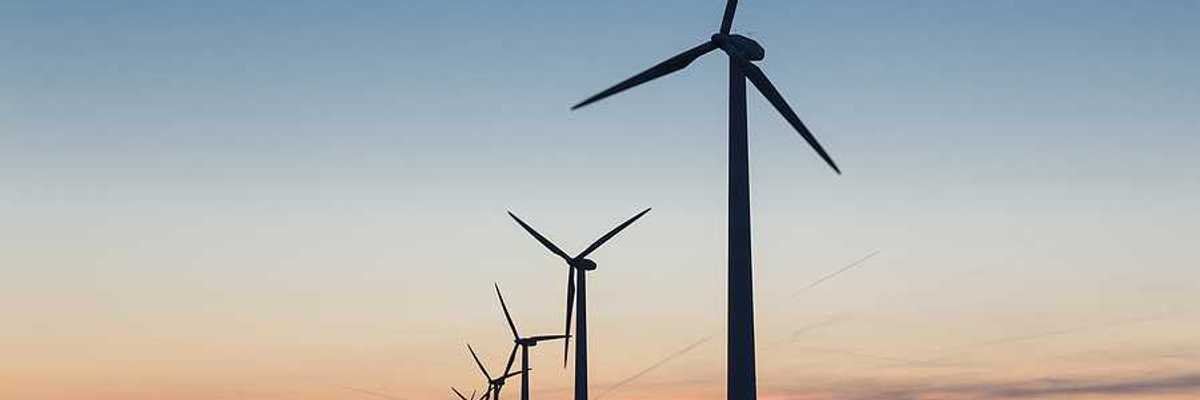 Offshore wind turbines stretching into the distance at sunset
