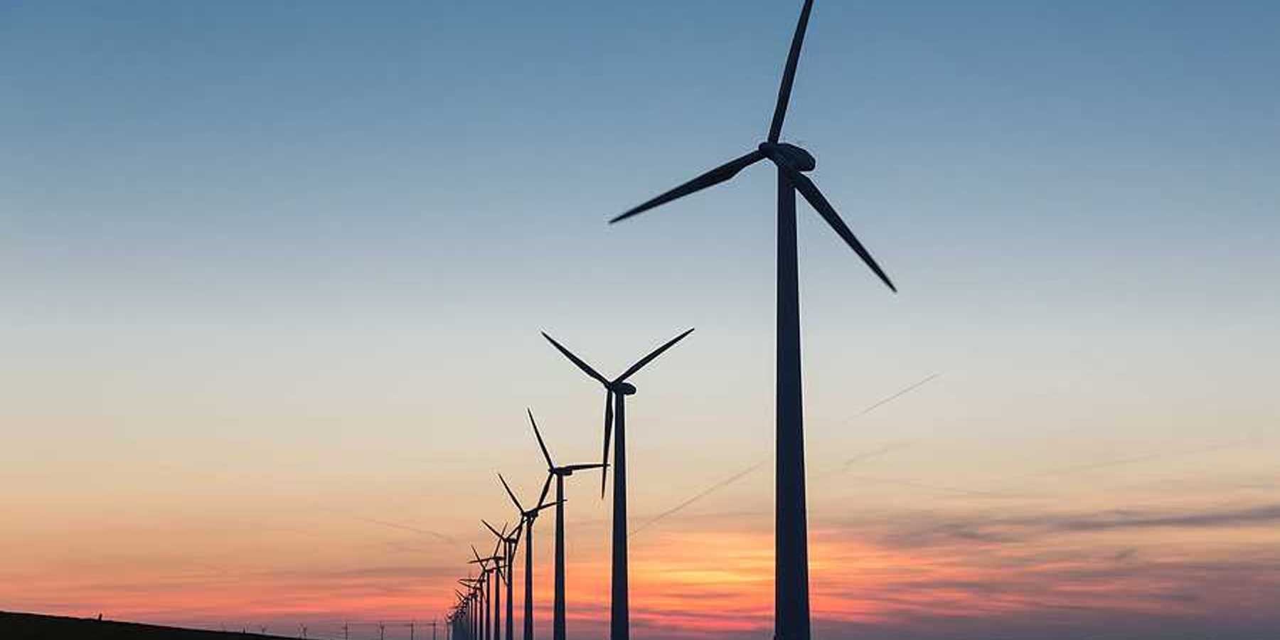 Offshore wind turbines stretching into the distance at sunset