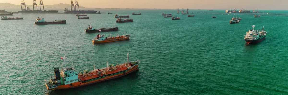 Oil and gas transport vessels awaiting off-loading.