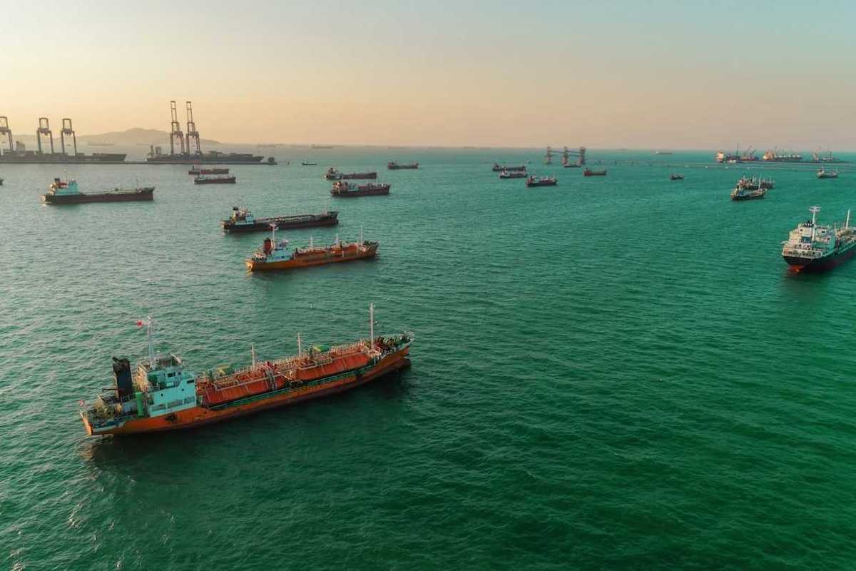 Oil and gas transport vessels awaiting off-loading.