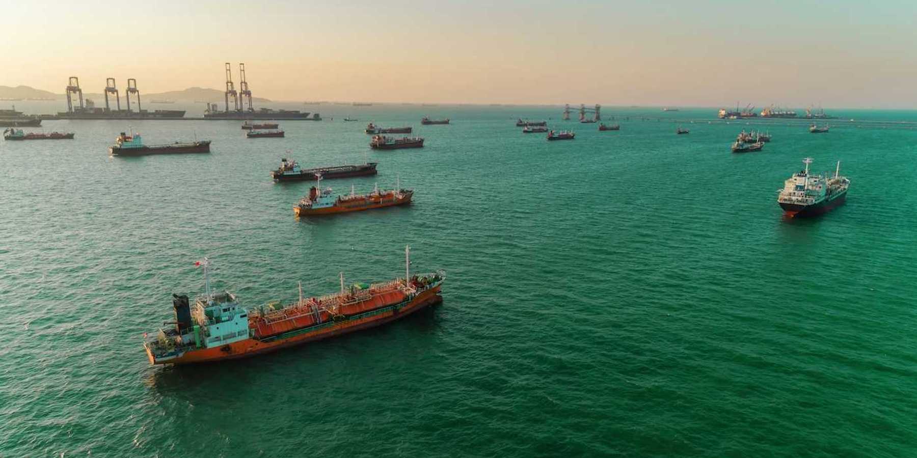 Oil and gas transport vessels awaiting off-loading.