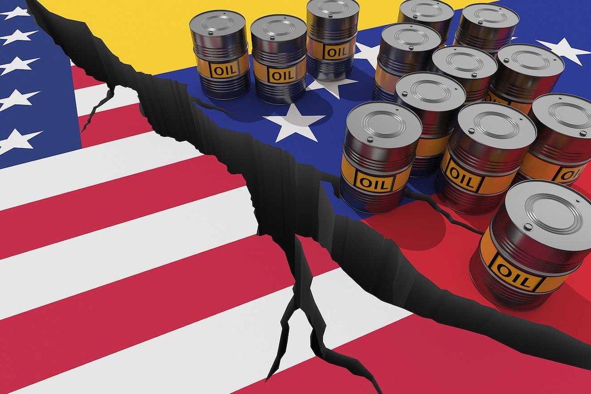 Oil barrels on background of the flags of Venezuela and USA.