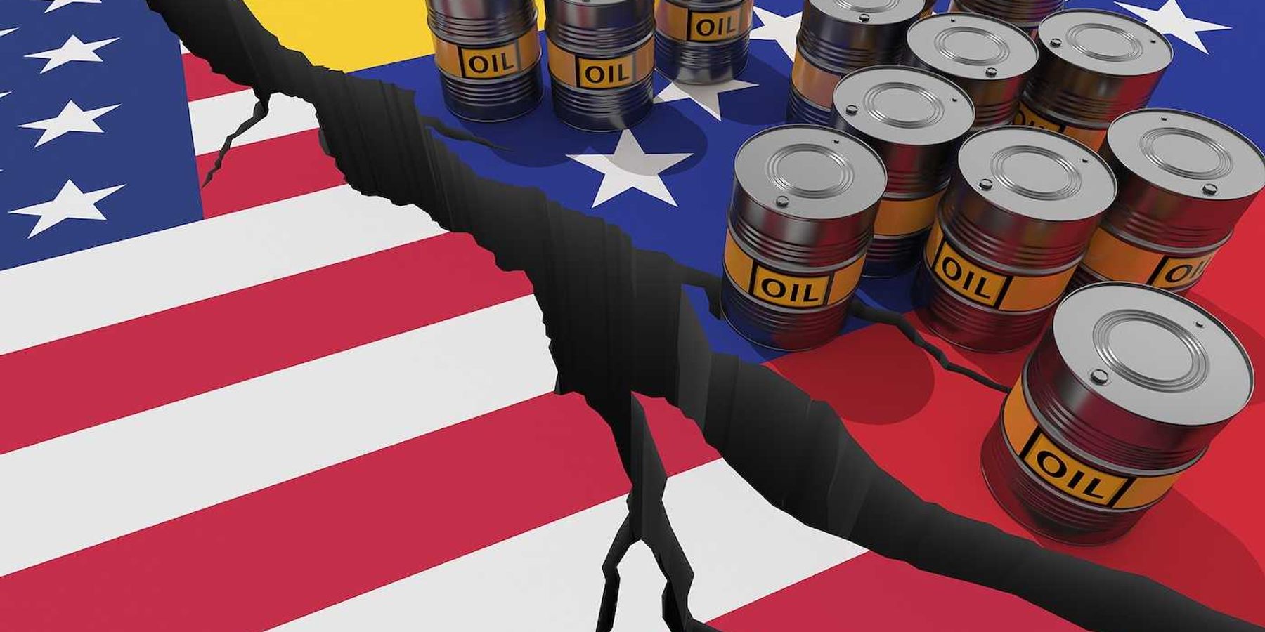 Oil barrels on background of the flags of Venezuela and USA.