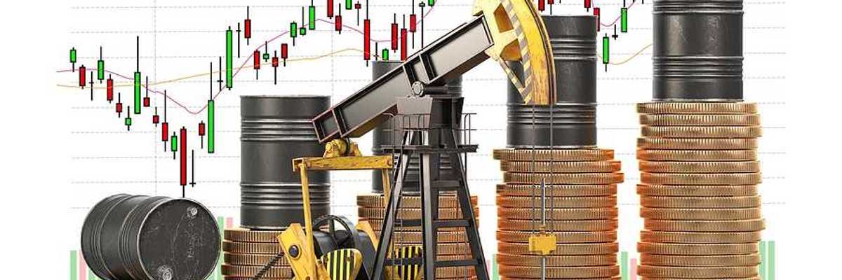 Oil barrels on stacks of golden coins and oil pump jack with market price chart.