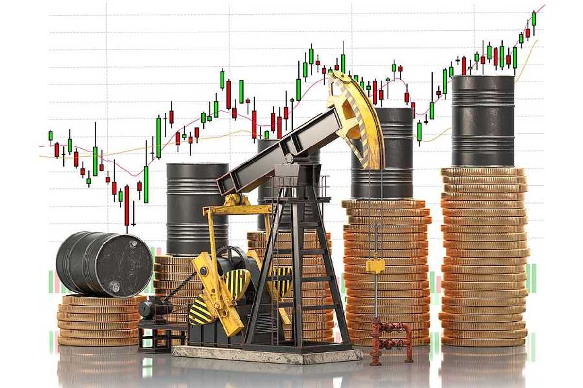 Oil barrels on stacks of golden coins and oil pump jack with market price chart.