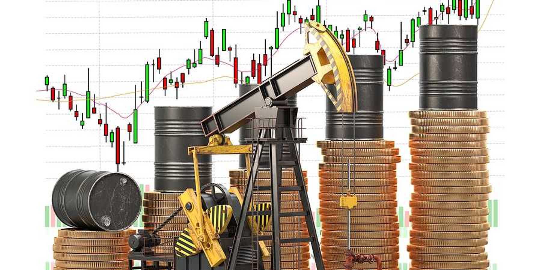 Oil barrels on stacks of golden coins and oil pump jack with market price chart.