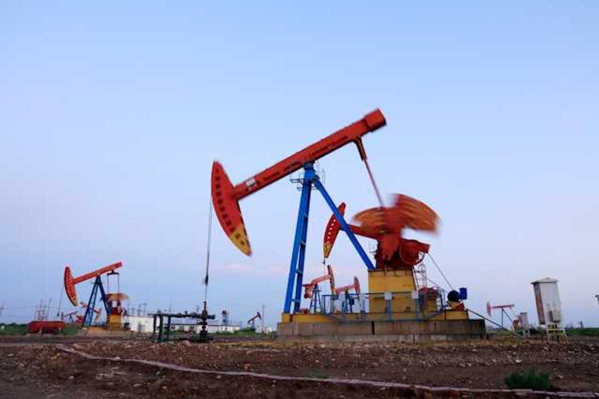 Oil pump jacks drilling for oil in a field