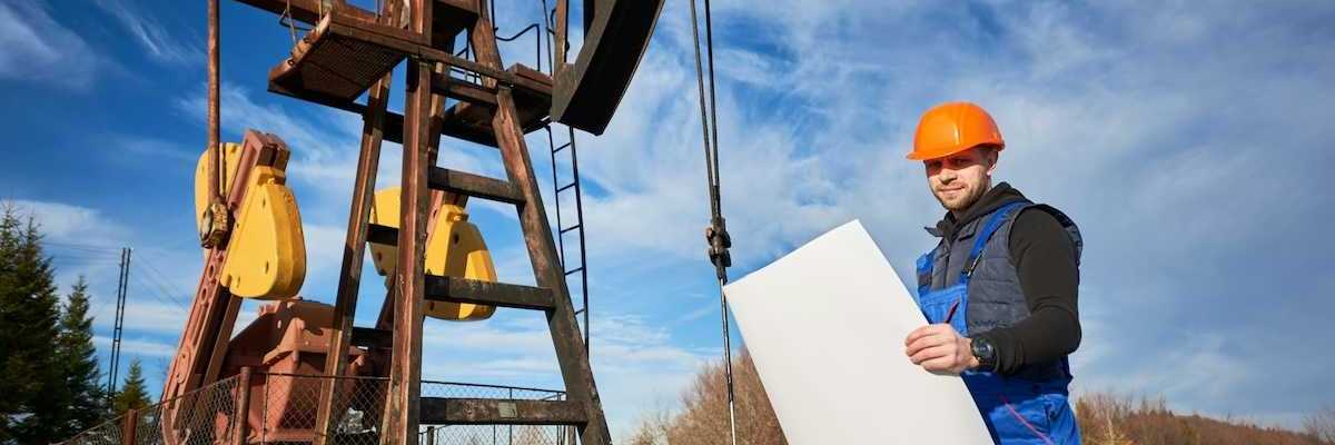 Oilfield worker standing next to a pumpjack and holding a large rectangular piece of paper