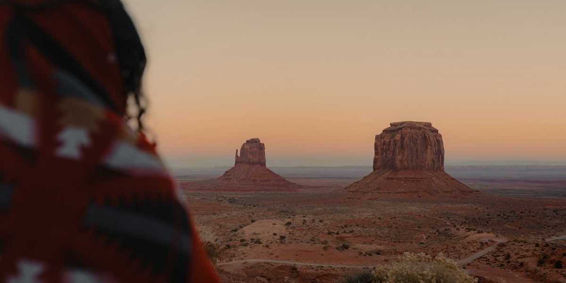Person, presumably indigenous, facing out at Monument Valley vista.