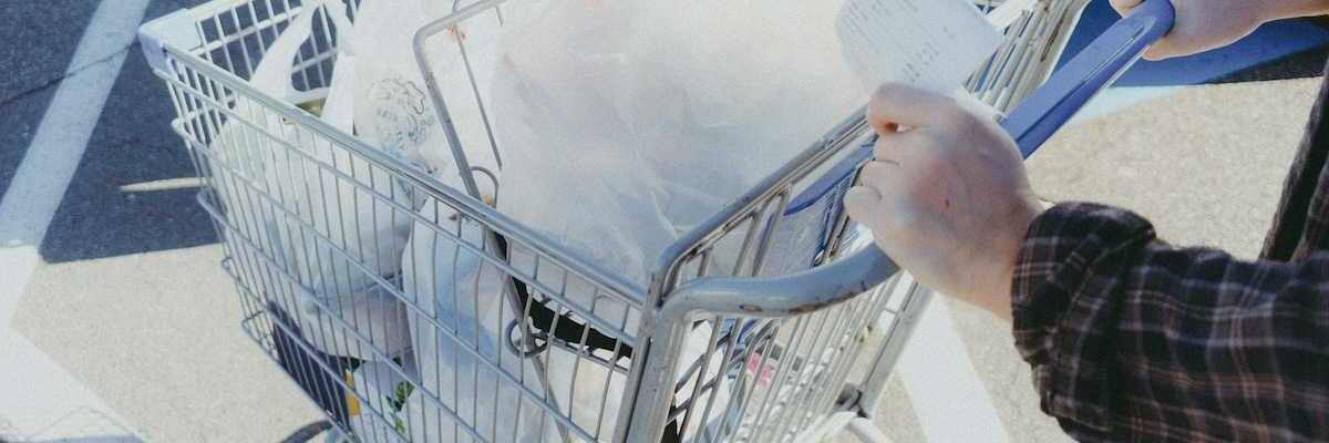 Person pushing a shopping cart filled with shopping items in plastic grocery bags