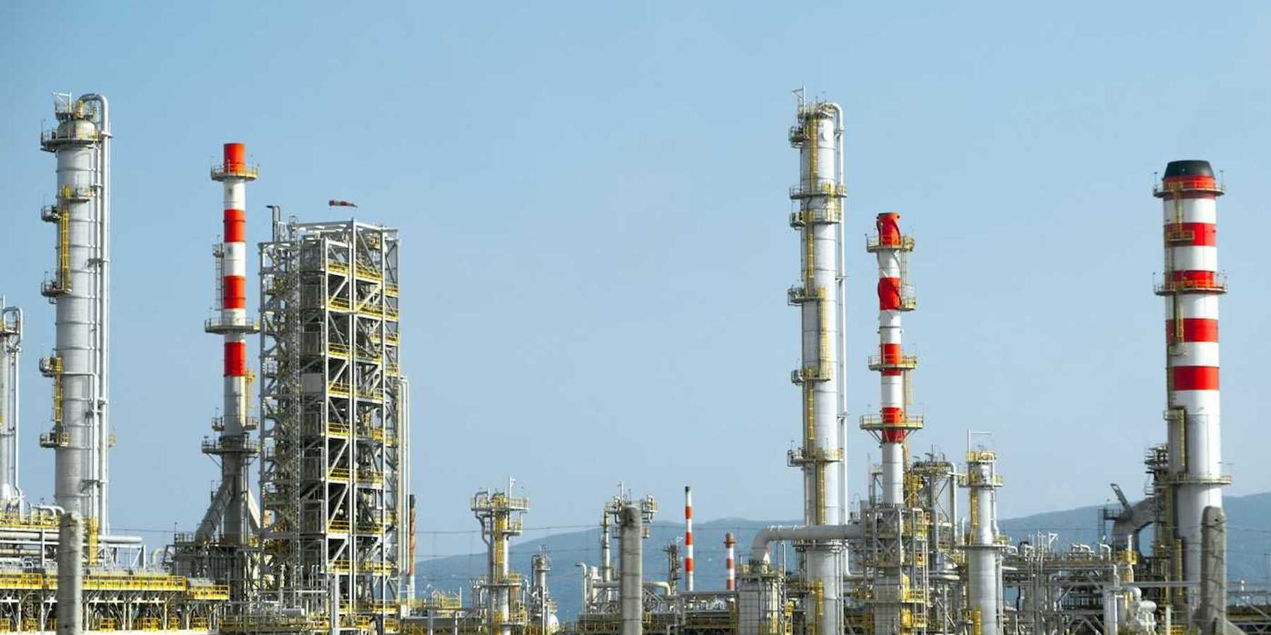 Petrochemical facility with multiple emissions stacks.