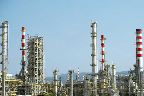 Petrochemical facility with multiple emissions stacks.