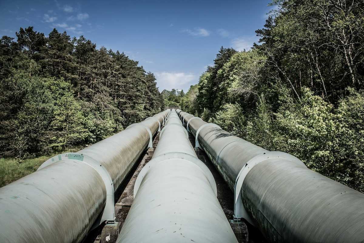 Pipeline comprised of three separate lines stretching through tree-lined forest corridor