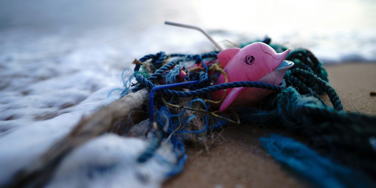 Plastic toy and fishing nets washed up on a beach.