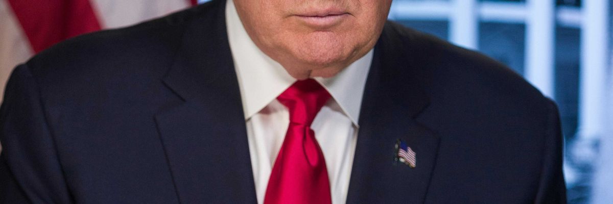 Portrait of President Donald Trump with American flag in background.