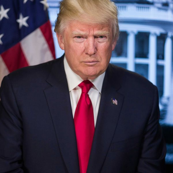 Portrait of President Donald Trump with American flag in background.