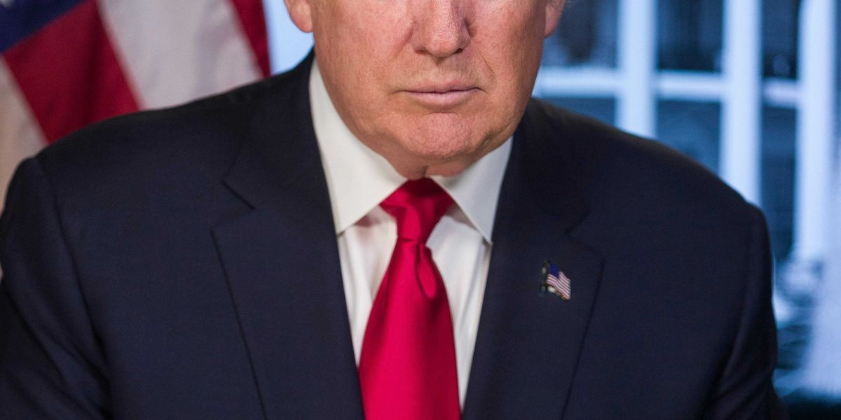 President Donald Trump with American flag in background.