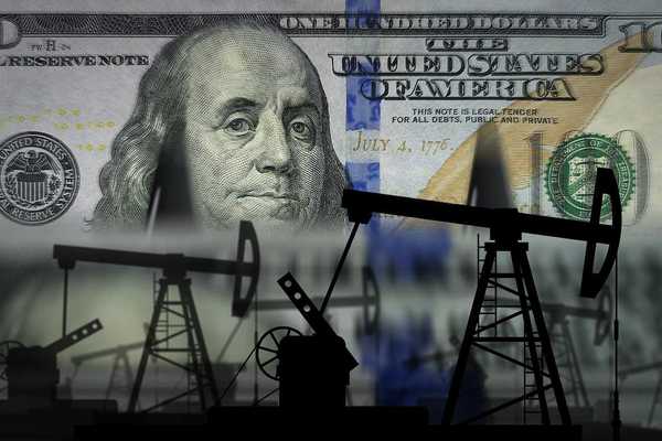 Pumpjacks and fuel business superimposed on US one hundred dollar bank note.
