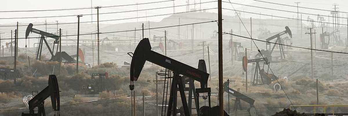 Pumpjacks extract oil from an oilfield in Kern County, CA, using hydraulic fracturing