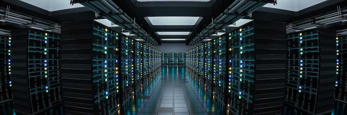Racks and corridors of electronics High-tech data center with a sleek, modern aesthetic. 3D render.