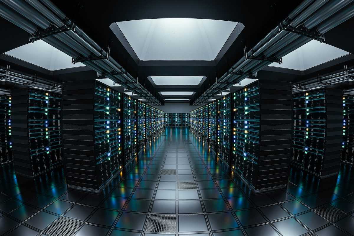 Racks and corridors of electronics High-tech data center with a sleek, modern aesthetic. 3D render.