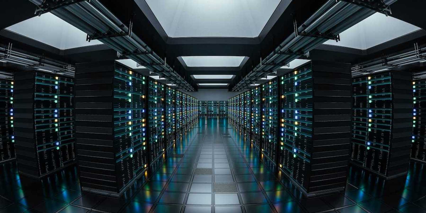 Racks and corridors of electronics High-tech data center with a sleek, modern aesthetic. 3D render.