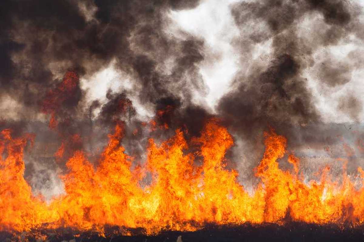 Red and orange flames with black smoke in the distance
