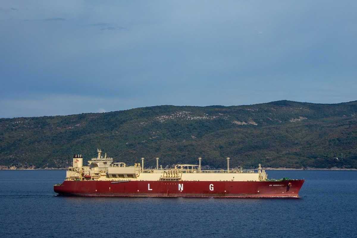 Red and white tanker with "LNG" printed on the side.