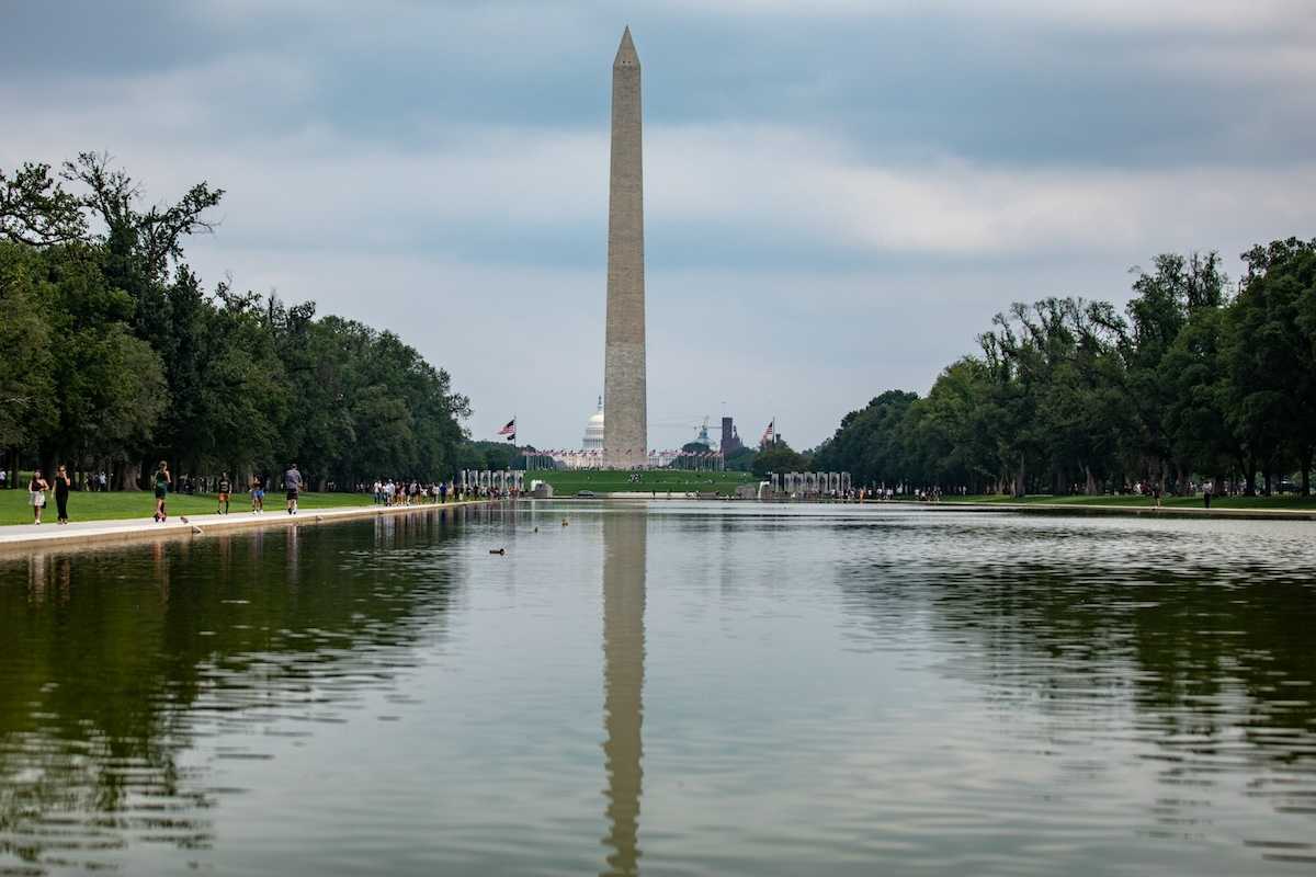 Reflecting pool on national mall with Washington monument and Capitol building behind