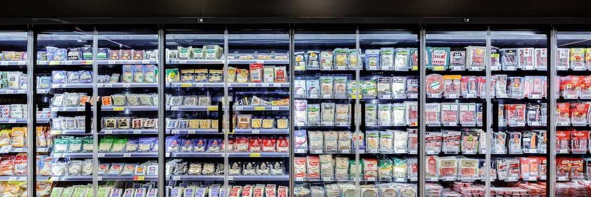 Refrigerated food coolers in a supermarket
