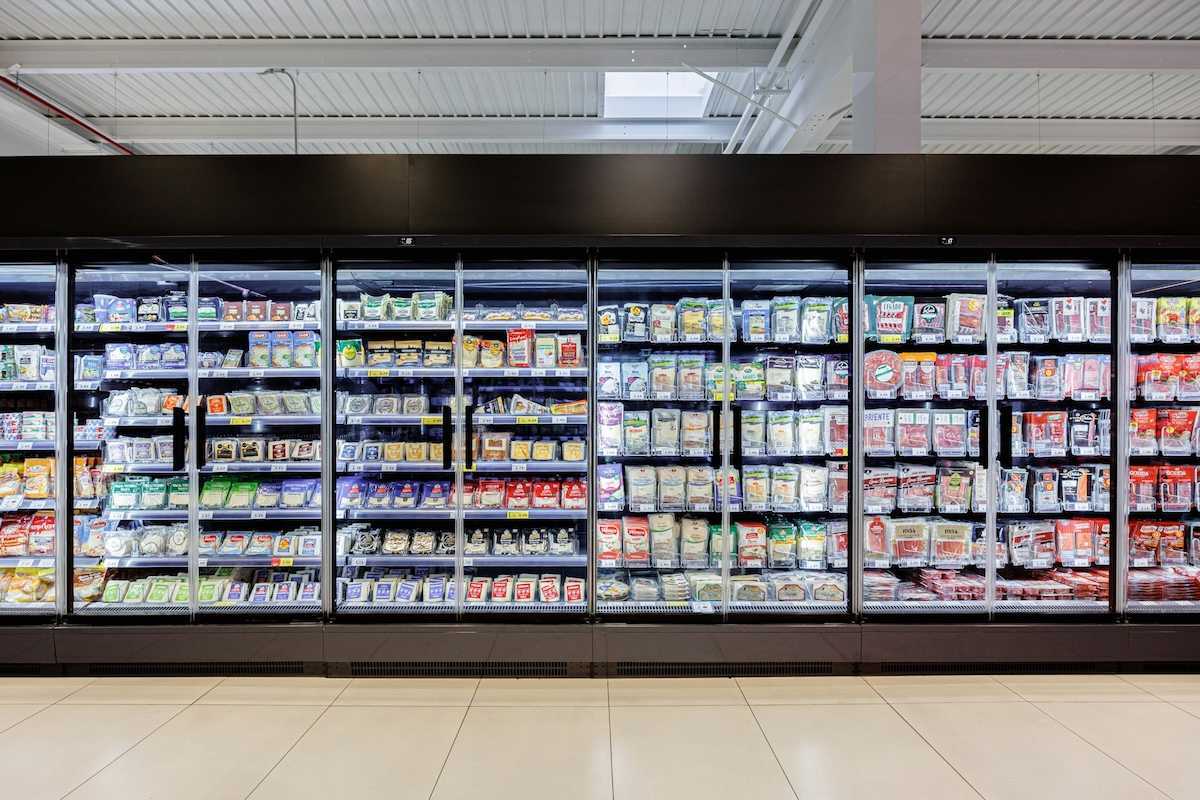 Refrigerated food coolers in a supermarket