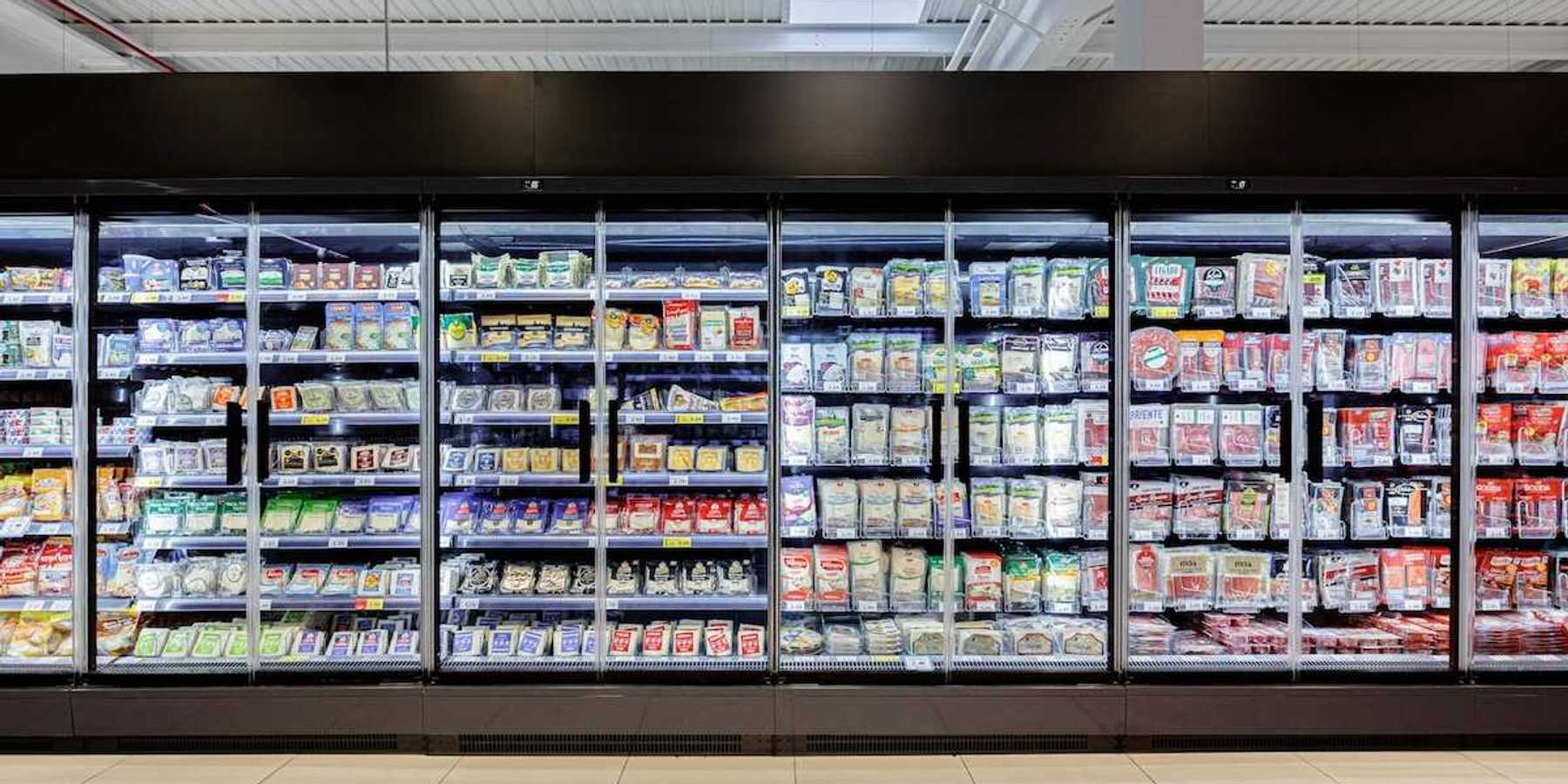 Refrigerated food coolers in a supermarket