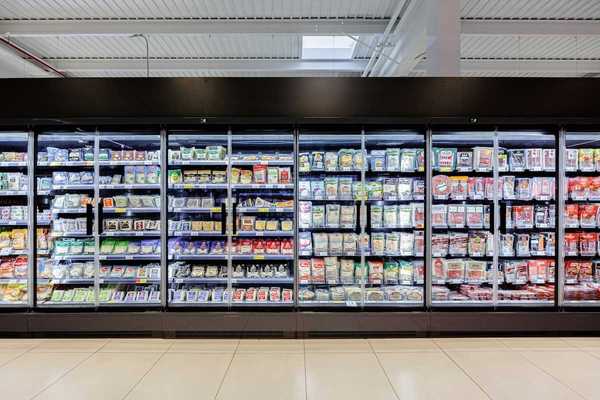Refrigerated food coolers in a supermarket
