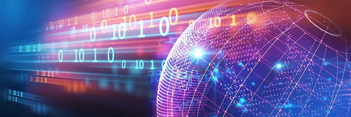 Rendered illustration depicting global networks, information transport, and digitization