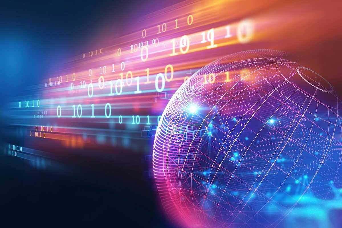 Rendered illustration depicting global networks, information transport, and digitization
