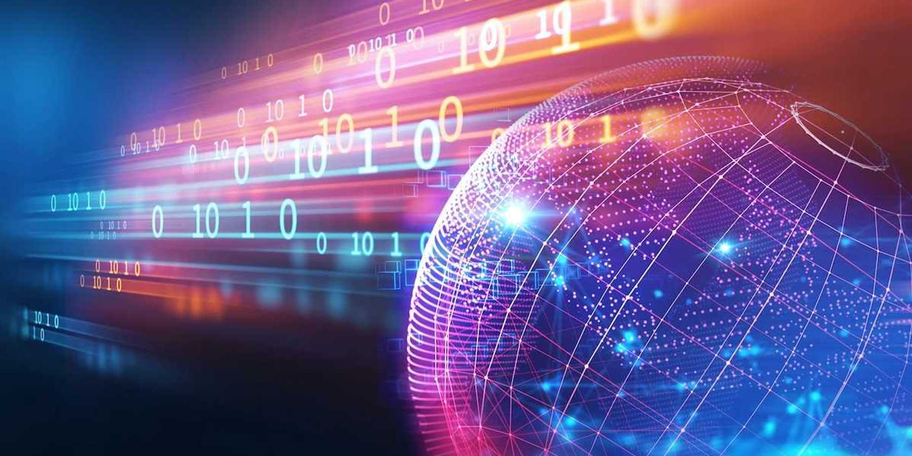 Rendered illustration depicting global networks, information transport, and digitization