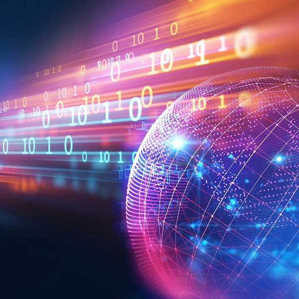 Rendered illustration depicting global networks, information transport, and digitization
