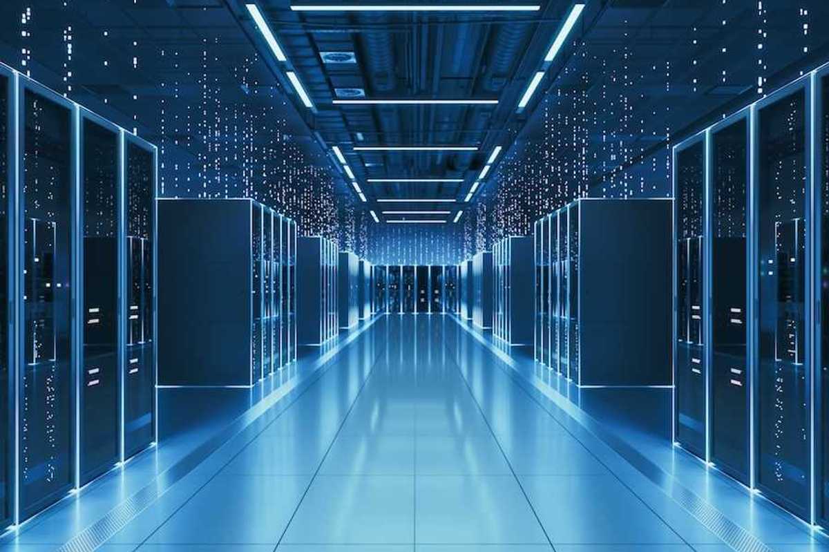 Rendered image representative of the internal electronics of a commercial data center