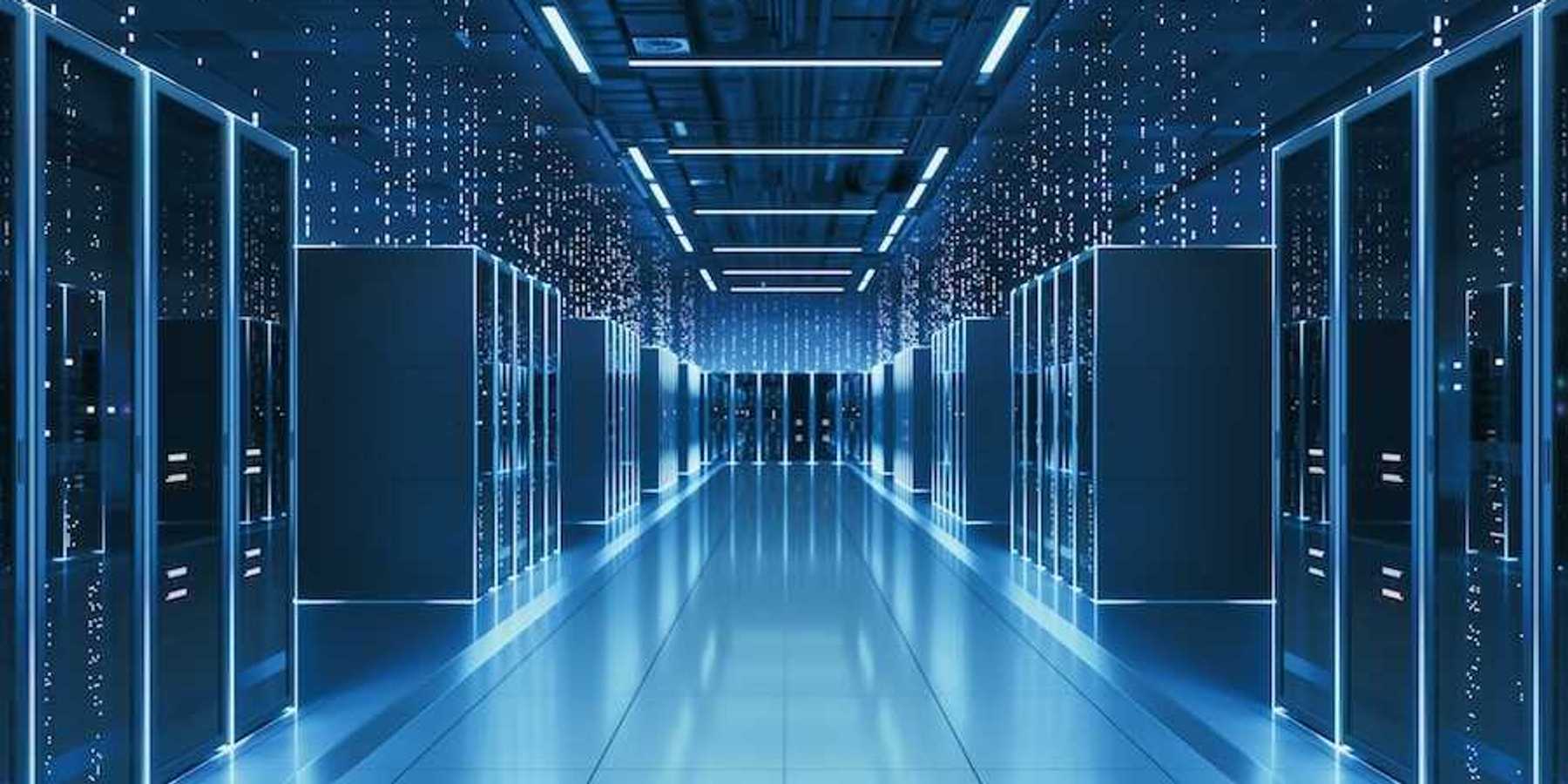 Rendered image representative of the internal electronics of a commercial data center