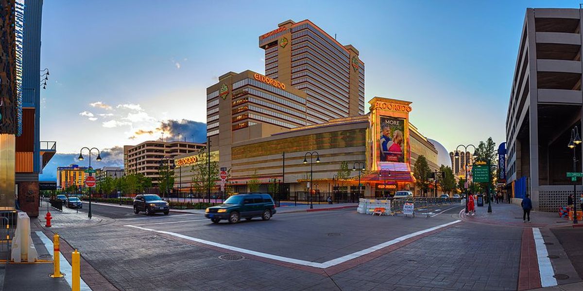Reno street with casino at sunset