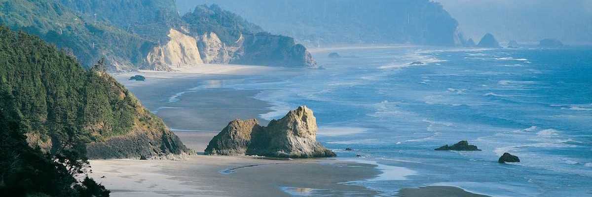 Rocky hilly tree-covered coastline with tide partially in standing against a frothy surf